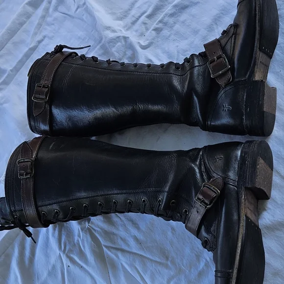 Frye Combat Moto Boots Black and Brown Leather - Picture 7 of 14